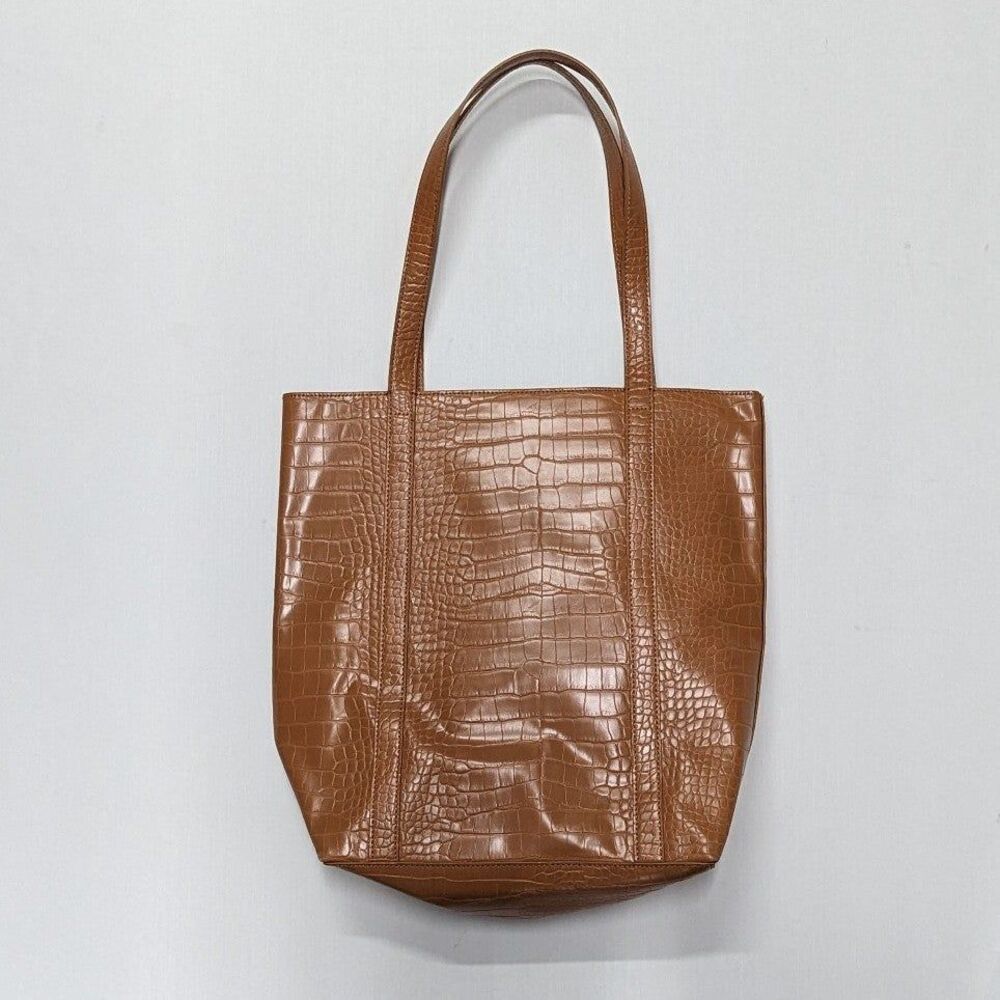Quiet Luxury Croc‎ Embossed Tote Bag Ann Taylor Cognac Brown Zebra Lining